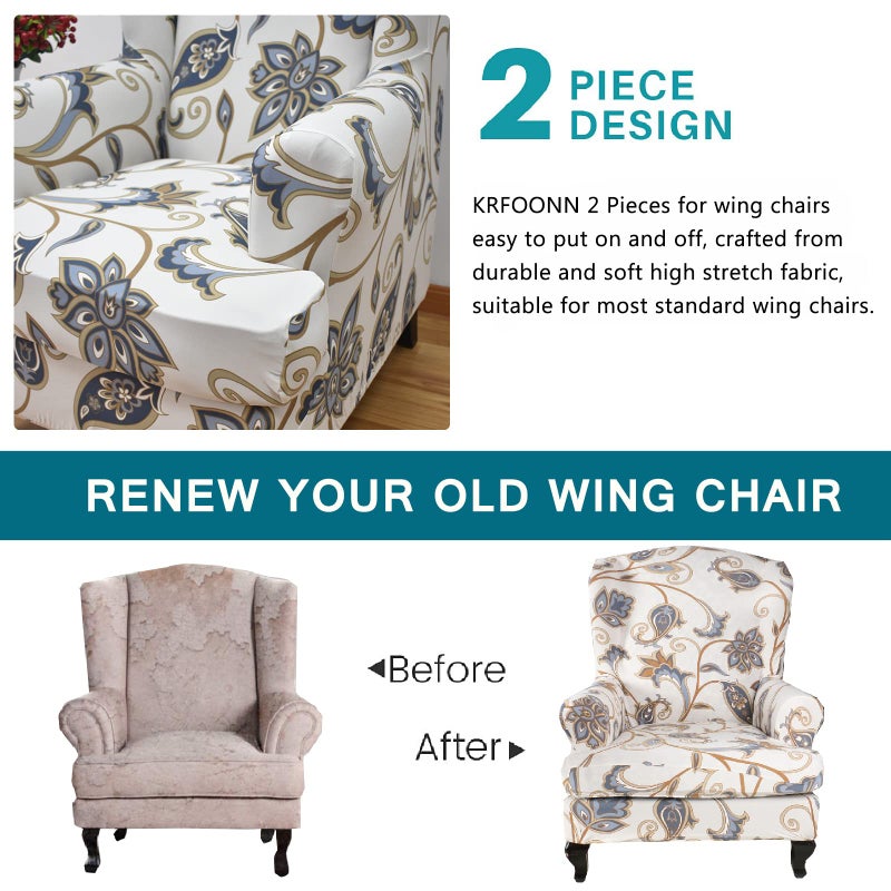 KRFOONN Wingback Chair Cover Slipcovers 2 Piece Stretch Wing Chair Covers Spandex Sofa/Armchair Non-Slip Furniture Protector for Living Room, Color01 - Image 4