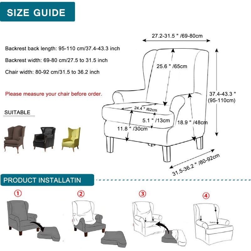 KRFOONN Wingback Chair Cover Slipcovers 2 Piece Stretch Wing Chair Covers Spandex Sofa/Armchair Non-Slip Furniture Protector for Living Room, Color01 - Image 2