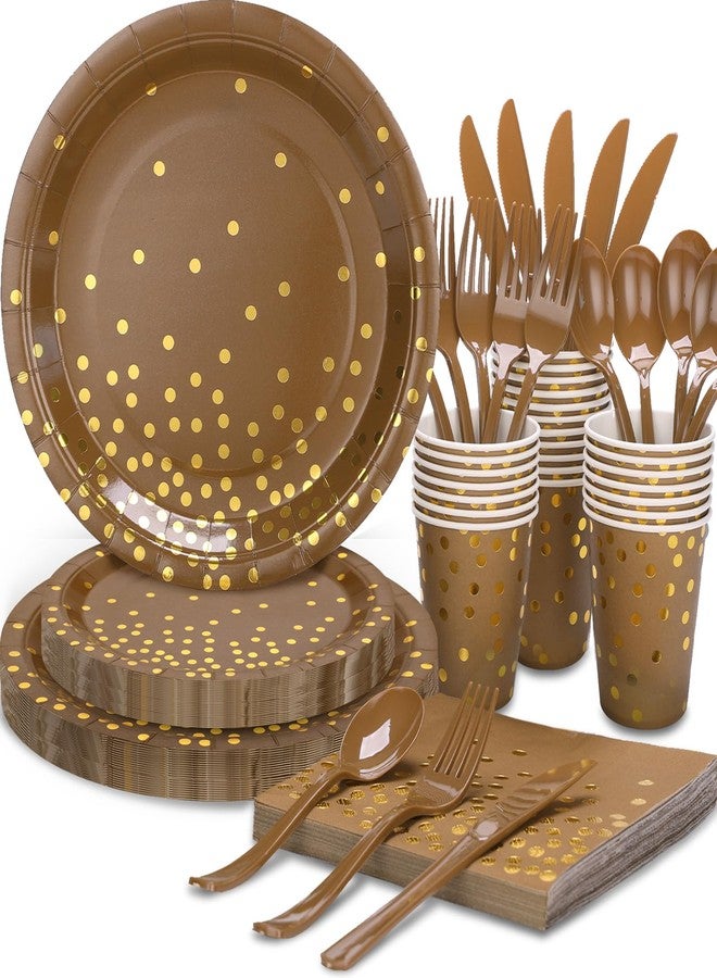 LOOWVY Brown and Gold Party Decorations, Brown Plates and Napkins Party Supplies 175Pcs Terracotta Paper Plates for Mexicanos Birthday Holiday, Serves 25 - Image 1