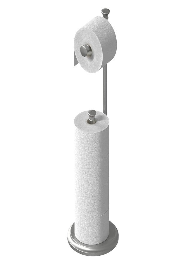 TreeLen Free Standing Toilet Paper Holder Stand Brushed Nickel Toilet Roll Stand Bathroom Tissue Rack with Storage Reserves 5 Mega Rolls - Image 1
