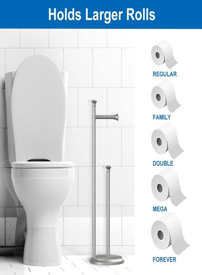 TreeLen Free Standing Toilet Paper Holder Stand Brushed Nickel Toilet Roll Stand Bathroom Tissue Rack with Storage Reserves 5 Mega Rolls - Image 3