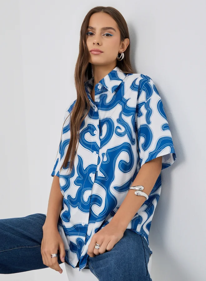 Take Two Take Two Printed Short Sleeve Oversized Shirt