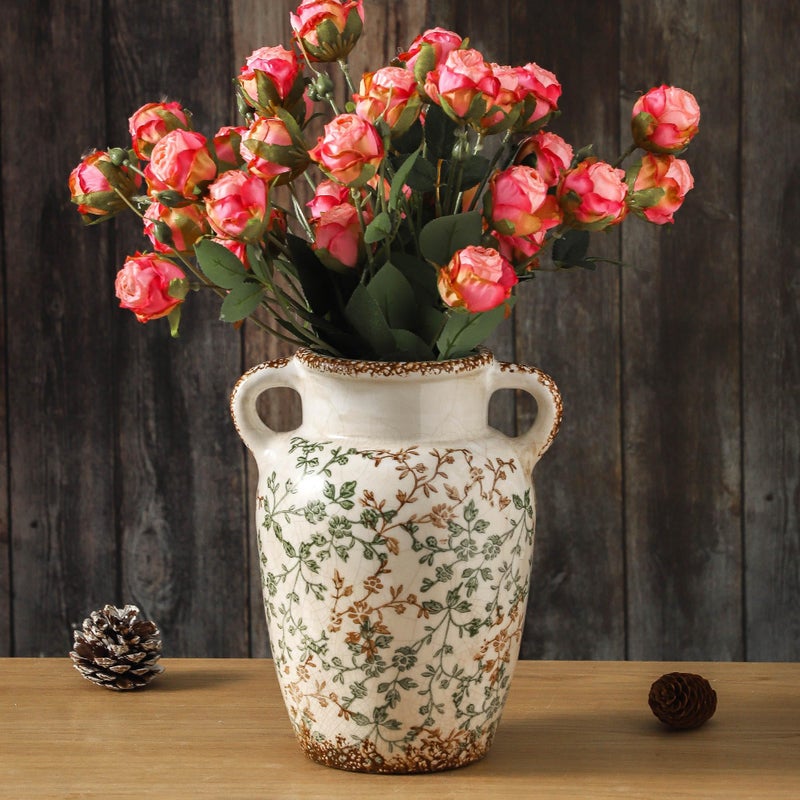 Enra Farmhouse Vintage vase with Handle94 in Ceramic Chinoiserie Floral VaseGreen and Beige Decorative Flower vaseLarge Rustic Vases for Home Decors Living Room Bookshelf Office