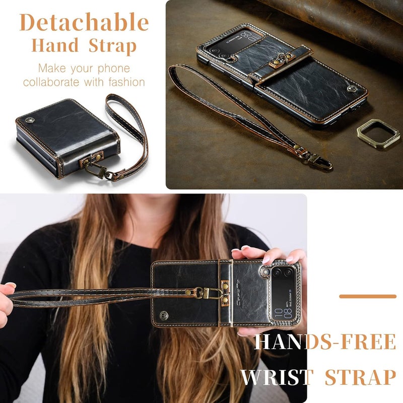 Mobcos Caseme Samsung Galaxy Z Flip 4 Horse Pu Leather Brown Fold Retro Cover Case Kickstand Rings with Hand Strap - Image 2