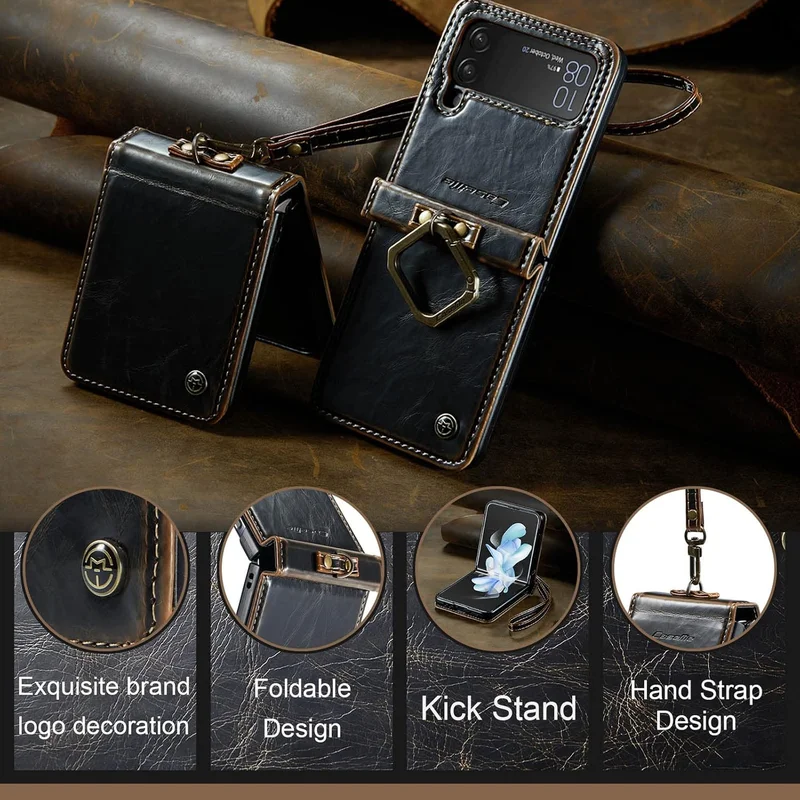 Mobcos Caseme SM ZFlip 4 Leather Brown Mobcos Caseme Samsung Galaxy Z Flip 4 Horse Pu Leather Brown Fold Retro Cover Case Kickstand Rings with Hand Strap  | Best Price UAE
