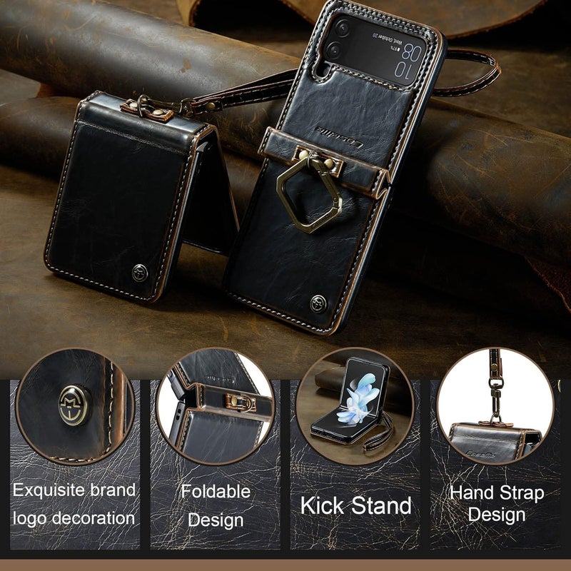 Mobcos Caseme Samsung Galaxy Z Flip 4 Horse Pu Leather Brown Fold Retro Cover Case Kickstand Rings with Hand Strap - Image 4