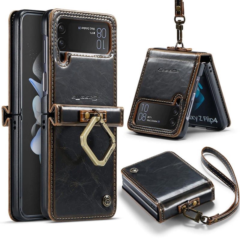 Mobcos Caseme Samsung Galaxy Z Flip 4 Horse Pu Leather Brown Fold Retro Cover Case Kickstand Rings with Hand Strap - Image 1