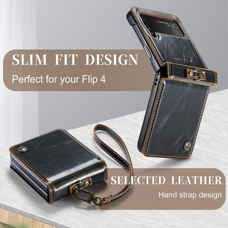 Mobcos Caseme Samsung Galaxy Z Flip 4 Horse Pu Leather Brown Fold Retro Cover Case Kickstand Rings with Hand Strap - Image 5