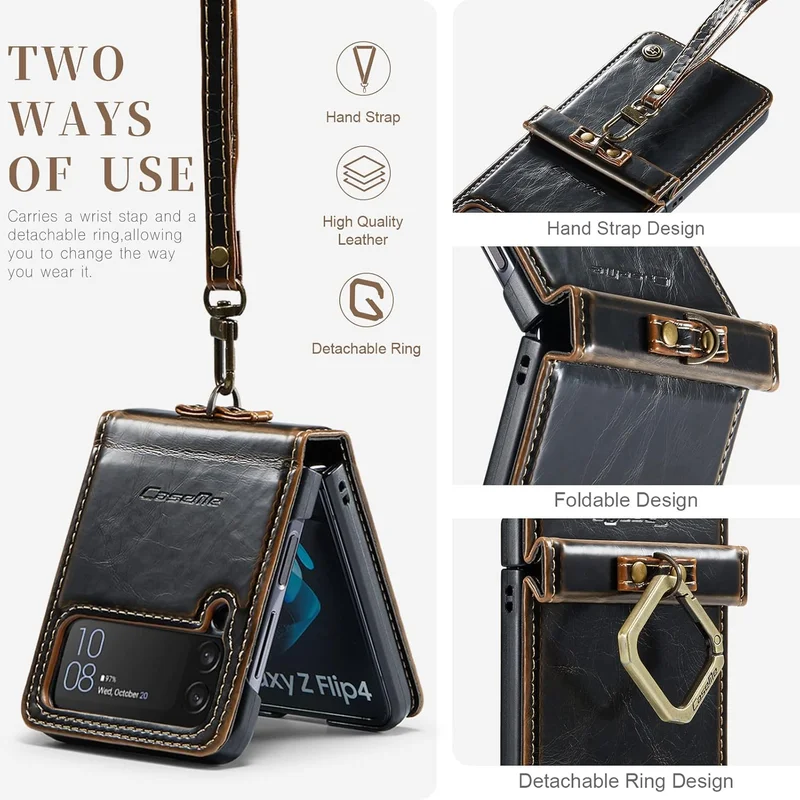 Mobcos Caseme SM ZFlip 4 Leather Brown Mobcos Caseme Samsung Galaxy Z Flip 4 Horse Pu Leather Brown Fold Retro Cover Case Kickstand Rings with Hand Strap  | Best Price UAE
