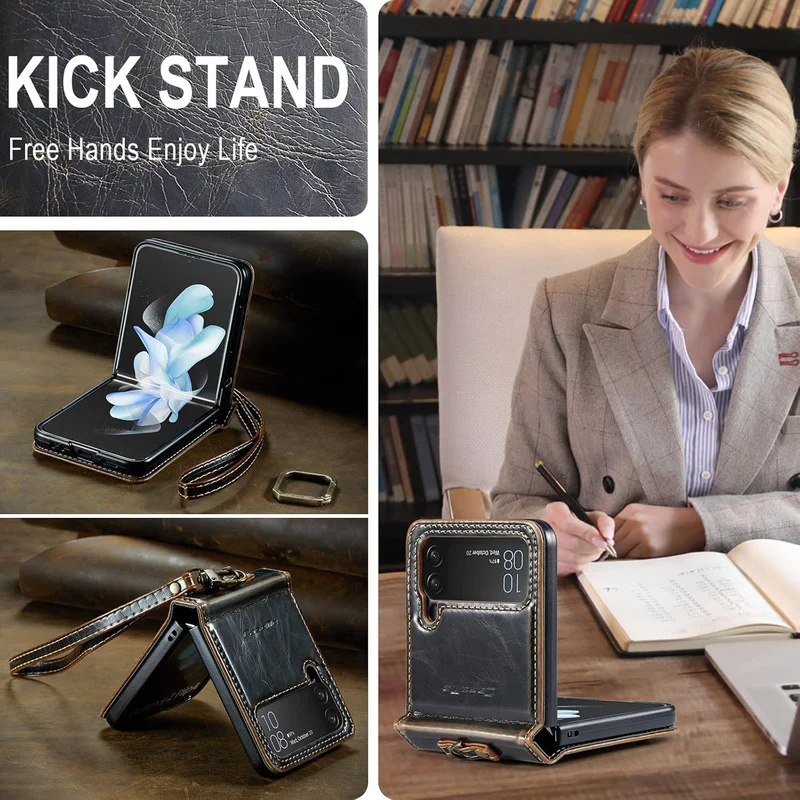 Mobcos Caseme SM ZFlip 4 Leather Brown Mobcos Caseme Samsung Galaxy Z Flip 4 Horse Pu Leather Brown Fold Retro Cover Case Kickstand Rings with Hand Strap  | Best Price UAE