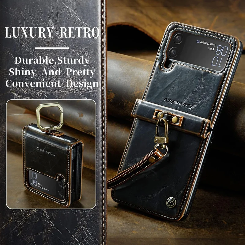 Mobcos Caseme SM ZFlip 4 Leather Brown Mobcos Caseme Samsung Galaxy Z Flip 4 Horse Pu Leather Brown Fold Retro Cover Case Kickstand Rings with Hand Strap  | Best Price UAE