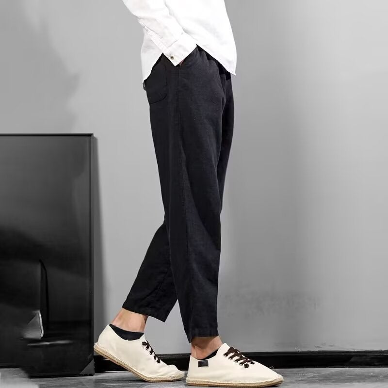 Summer Thin Linen Cropped Pants for Men Casual Straight Loose Tapered 9/10 Pants - Image 2