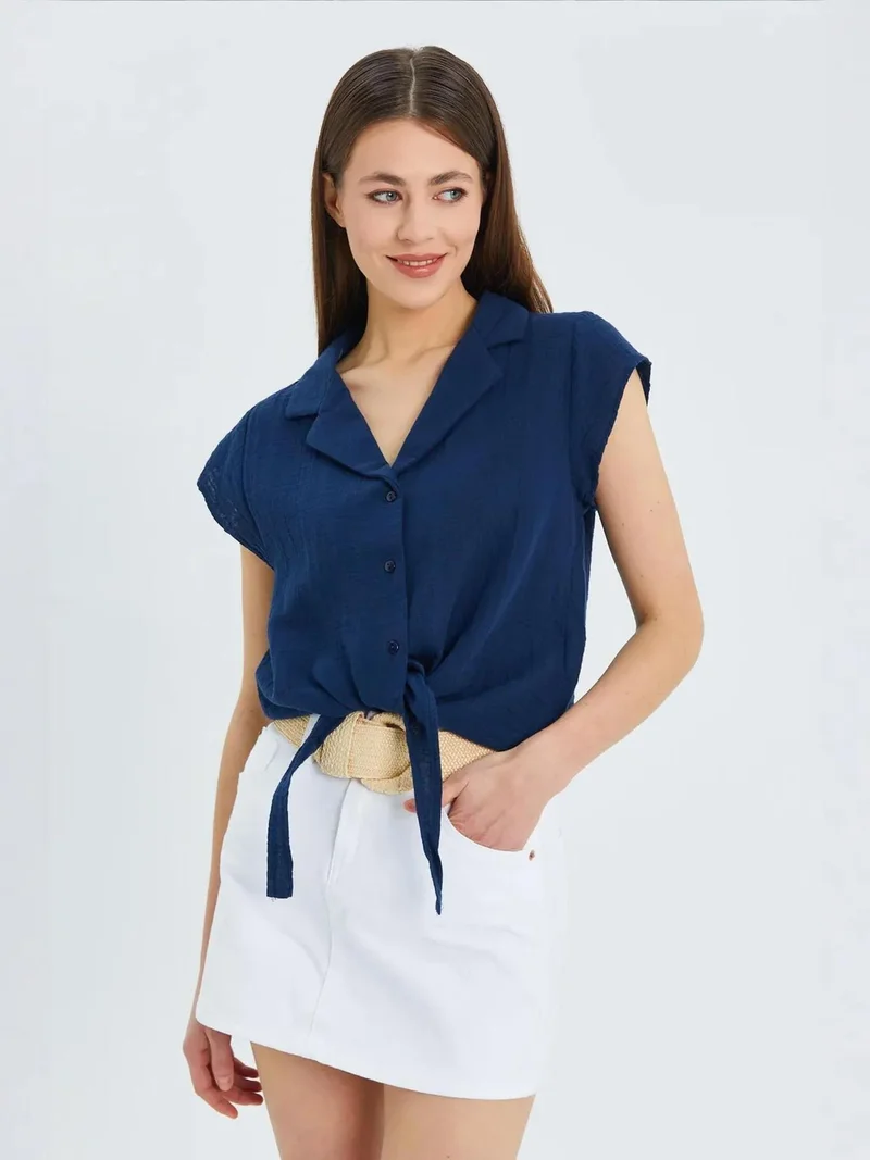 MixRay Navy Blue Mixray Crop Shirt with Bow Detail for Women | Best Price UAE