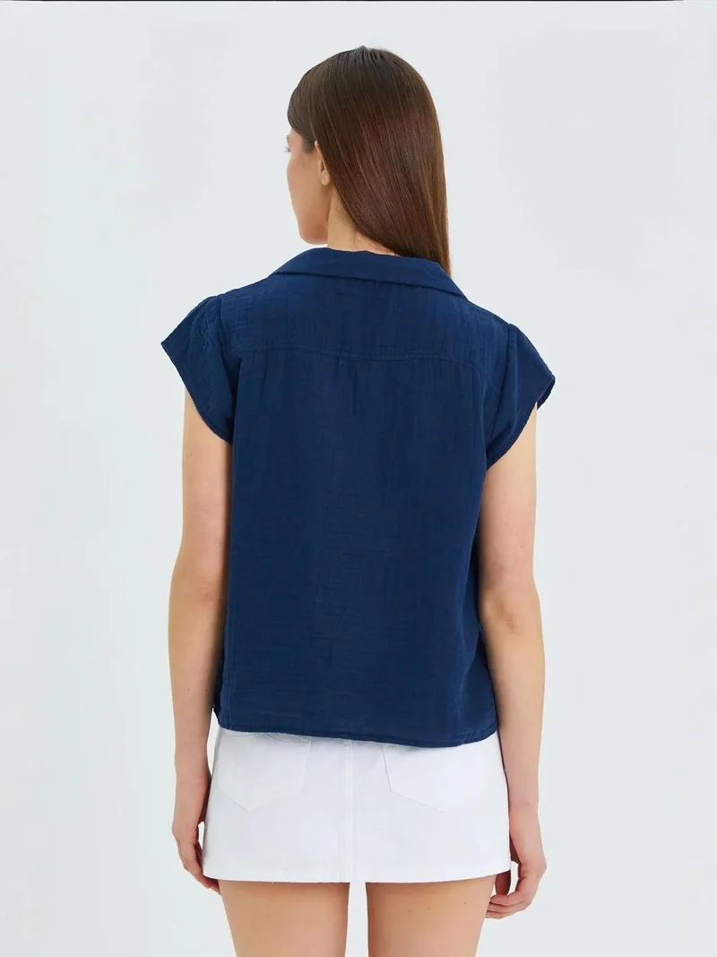 MixRay Navy Blue Mixray Crop Shirt with Bow Detail for Women | Best Price UAE