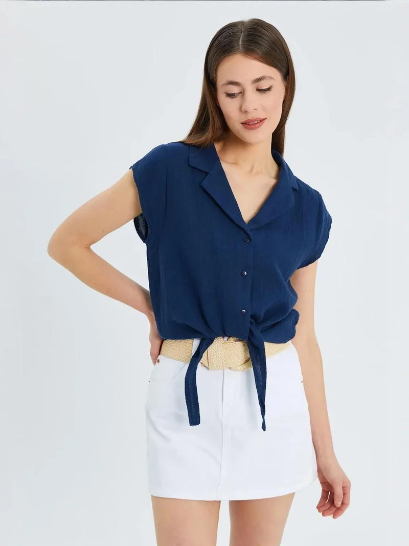 MixRay Navy Blue Mixray Crop Shirt with Bow Detail for Women | Best Price UAE