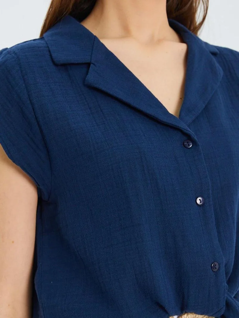 MixRay Navy Blue Mixray Crop Shirt with Bow Detail for Women | Best Price UAE