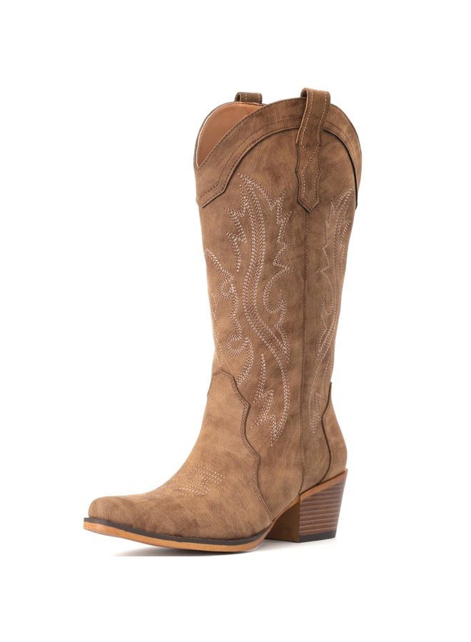 IUV Cowboy Boots For Women Western Cowgirl Boots with Chunky Heel Mid Calf Snip Toe Ideal for low insteps, Brown, 10 Wide - Image 3