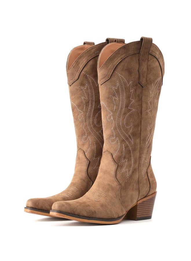 IUV Cowboy Boots For Women Western Cowgirl Boots with Chunky Heel Mid Calf Snip Toe Ideal for low insteps, Brown, 10 Wide - Image 1