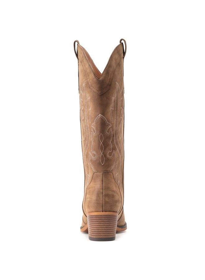 IUV Cowboy Boots For Women Western Cowgirl Boots with Chunky Heel Mid Calf Snip Toe Ideal for low insteps, Brown, 10 Wide - Image 5