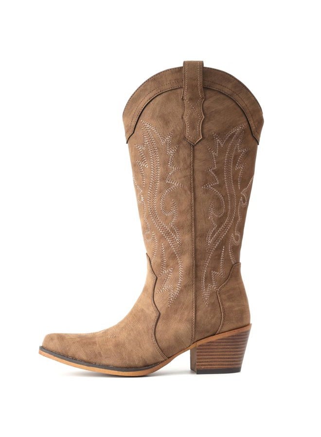 IUV Cowboy Boots For Women Western Cowgirl Boots with Chunky Heel Mid Calf Snip Toe Ideal for low insteps, Brown, 10 Wide - Image 4