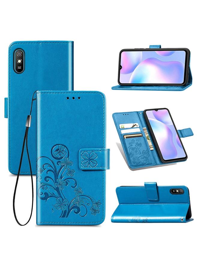 Case For Xiaomi Redmi 9A Four-leaf Clasp Embossed Buckle Horizontal Flip TPU + PU Leather Case with Lanyard & Card Slot & Wallet & Holder