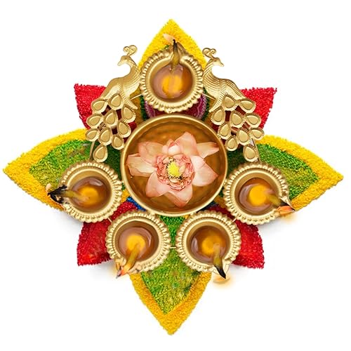 Pure Source India Metal Urli Bowl for Decoration Purpose, Floating Candles and Flowers Diwali & Festive Decor with Peacock Design (Gold) (8 inch) (Small Diya-5) - Image 2
