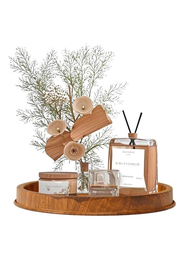 Lobolighting Round Decorative Serving Tray - Modern Farmhouse Style Handcrafted Wood Grain Color Metal Tray, Versatile Centerpiece for Coffee Table, Living Room, Dining or Entryway Home Decor - Image 1