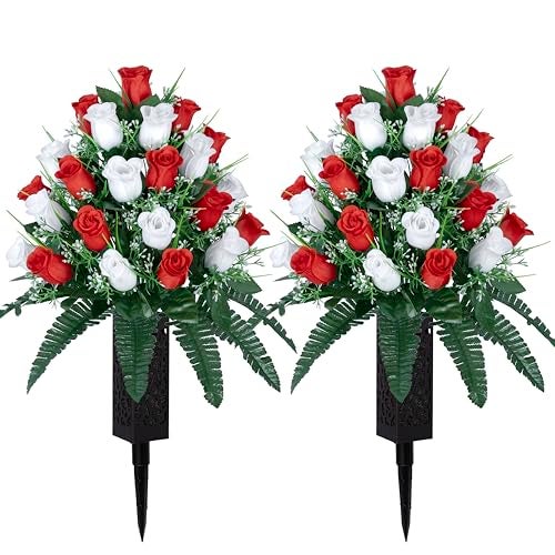 LVXINLI 2 Sets Artificial Cemetery FlowersOutdoor Grave Decorations RosesBeautiful Arrangements Bouquet with Cemetery VaseLasting and NonBleed Colors WhiteRed