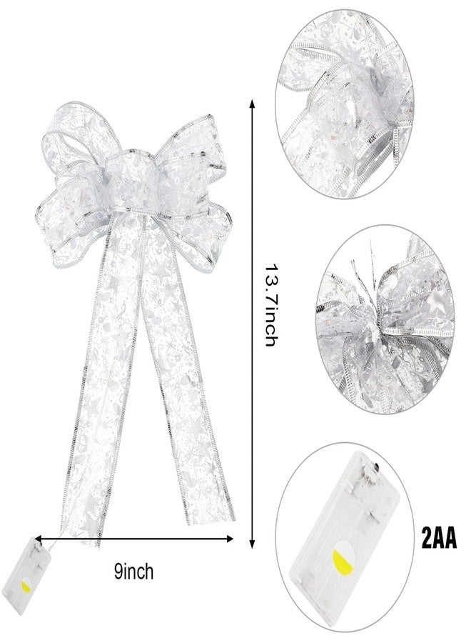 Mudder 2 Pieces Christmas Tree Bow LED Ribbon Silver Bows with Lights 13.7 x 9 Inch Large Christmas Trees Ornaments Trees Topper Decoration for Home Tree Wreaths Decoration (Yellow Lights) - Image 2