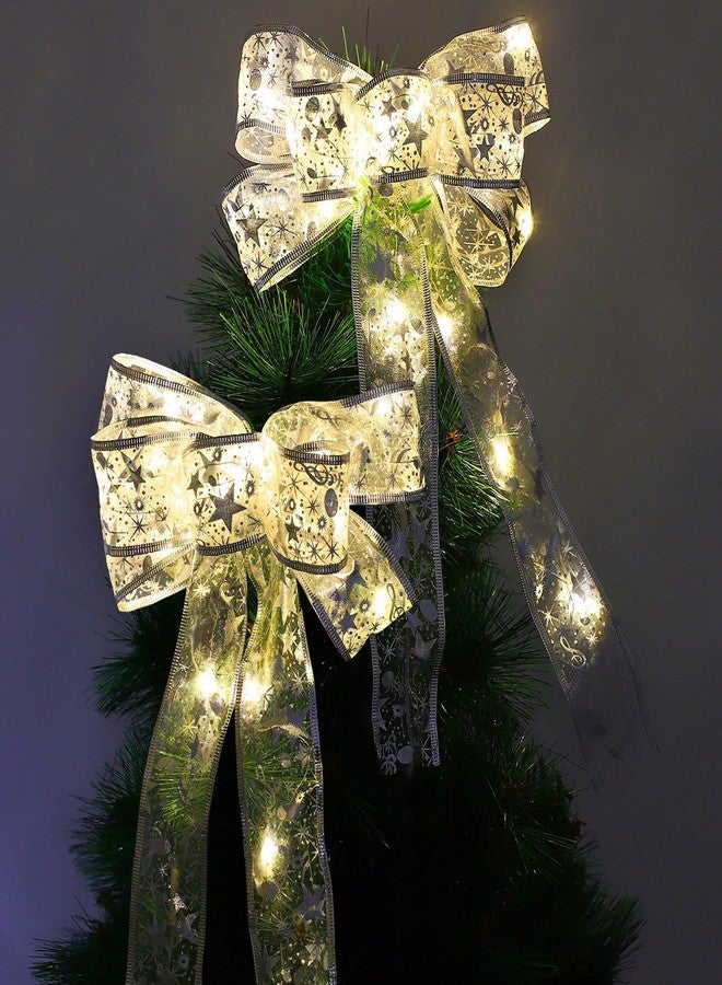 Mudder 2 Pieces Christmas Tree Bow LED Ribbon Silver Bows with Lights 13.7 x 9 Inch Large Christmas Trees Ornaments Trees Topper Decoration for Home Tree Wreaths Decoration (Yellow Lights) - Image 1