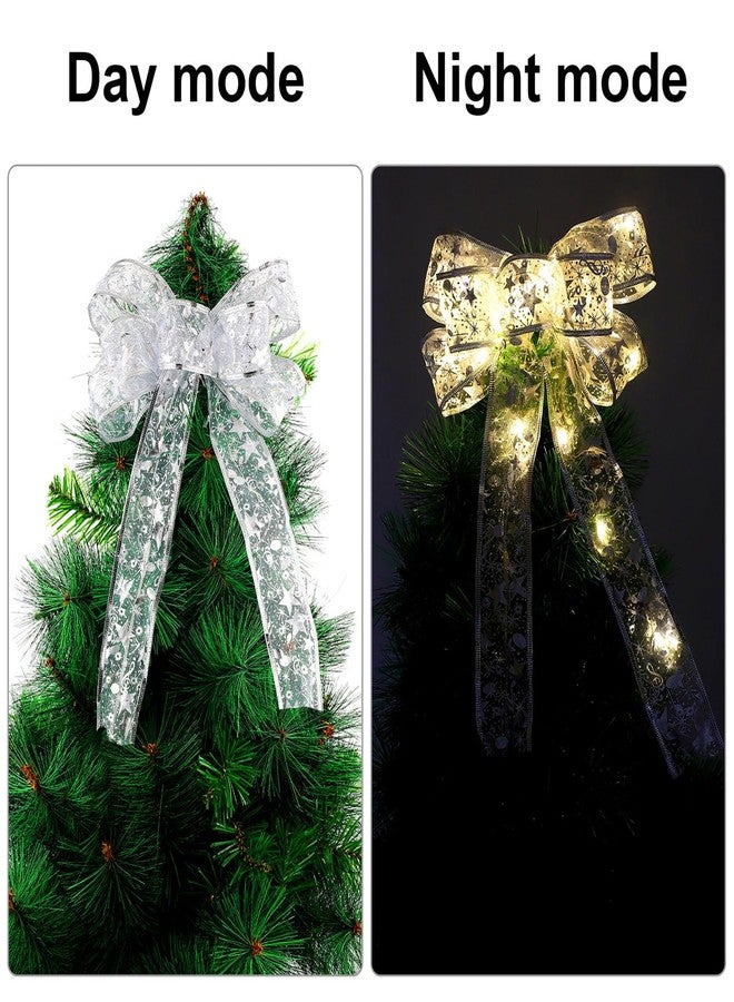 Mudder 2 Pieces Christmas Tree Bow LED Ribbon Silver Bows with Lights 13.7 x 9 Inch Large Christmas Trees Ornaments Trees Topper Decoration for Home Tree Wreaths Decoration (Yellow Lights) - Image 3