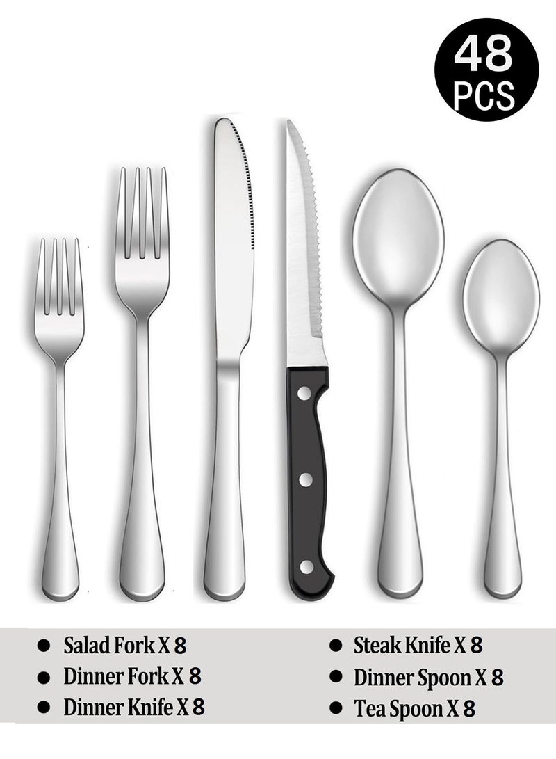 موثوقية التنبؤ 48 قطعة طقم أدوات مائدة من الفولاذ المقاوم للصدأ، أدوات مطبخ منزلية، 8 شوكات عشاء، 8 شوكات سلطة، 8 سكاكين عشاء، 8 سكاكين ستيك، 8 ملاعق عشاء، 8 ملاعق شاي، 8 ملاعق شاي - Image 2