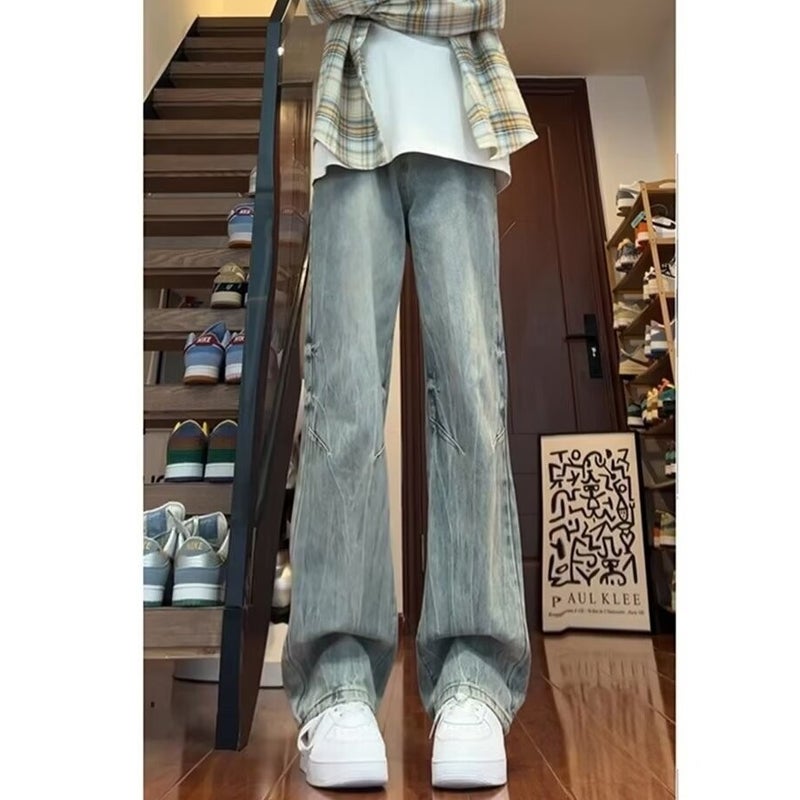 Lightning Pattern Jeans Mens Spring and Autumn American Style High Street Niche Design Sense Pants Casual Straight Micro Trousers Rust color  - Image 1