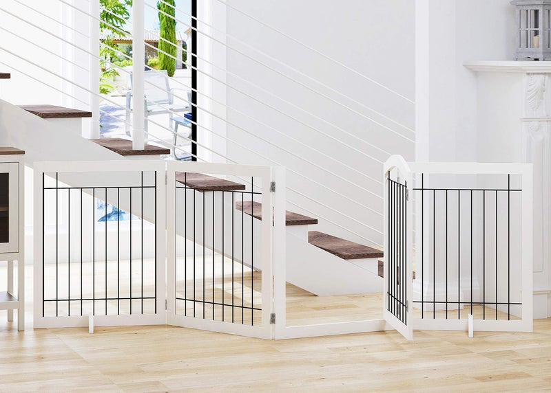 SPIRICH 96inch Extra Wide 30inches Tall Dog Gate with Door Walk Through Freestanding Wire Pet Gate for The House Doorway Stairs Pet Puppy Safety Fence Support Feet Included White