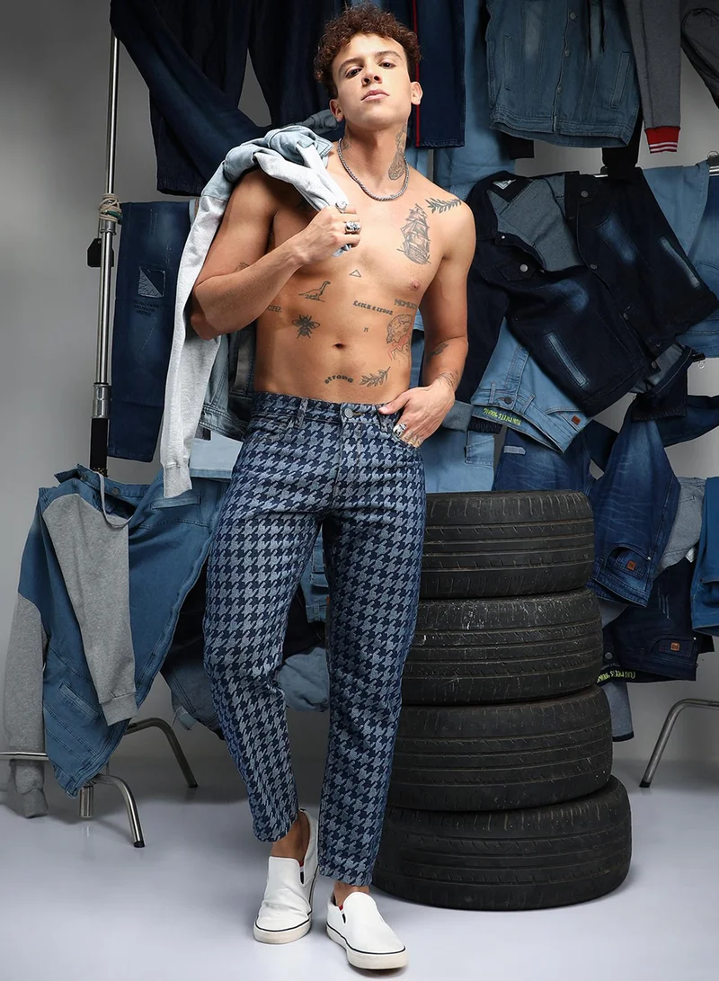 كامبوس سوترا Men's Navy Blue Houndstooth Denim Jeans