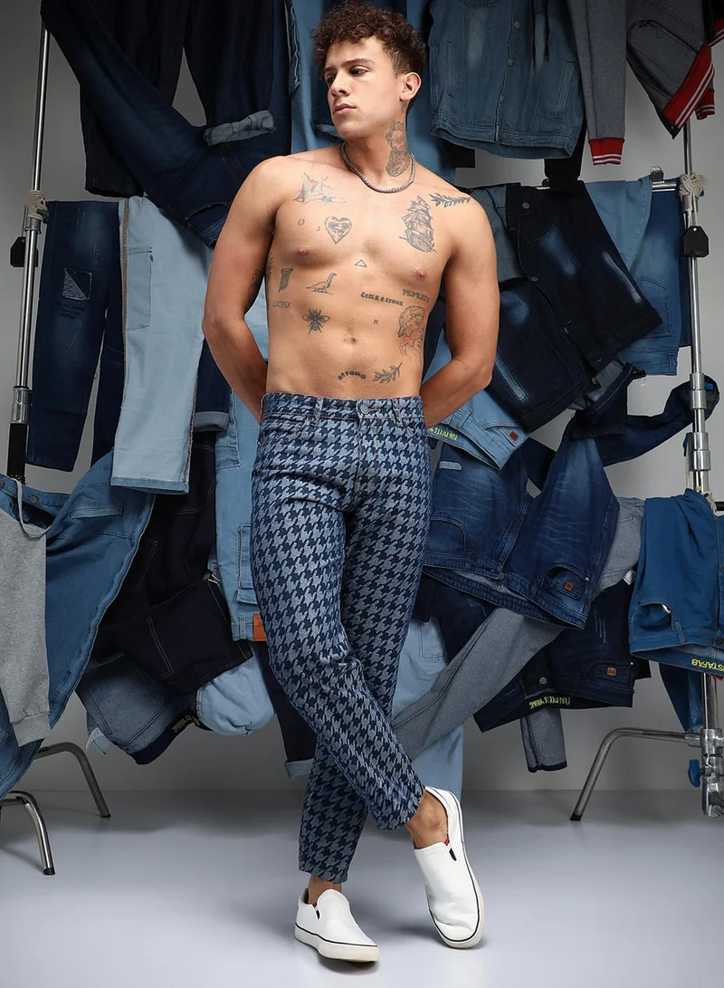 كامبوس سوترا Men's Navy Blue Houndstooth Denim Jeans