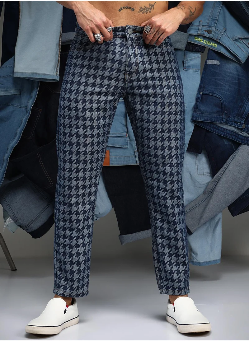 Campus Sutra Men's Navy Blue Houndstooth Denim Jeans