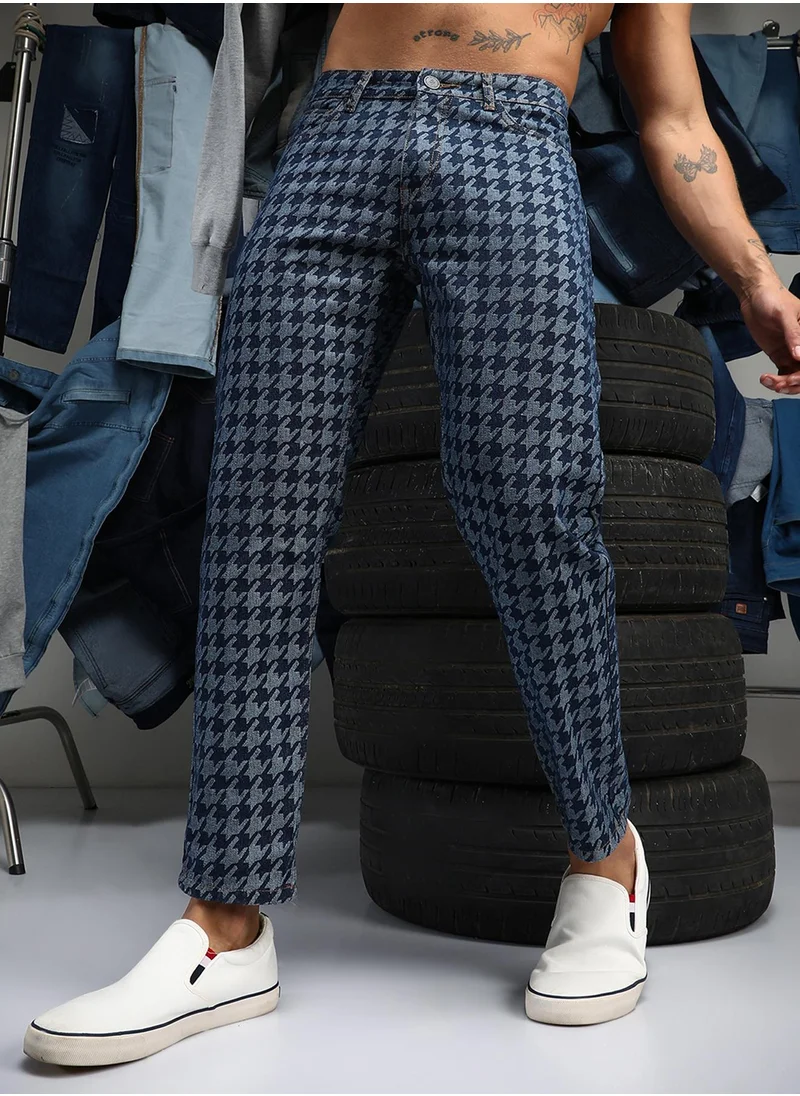 Campus Sutra Men's Navy Blue Houndstooth Denim Jeans