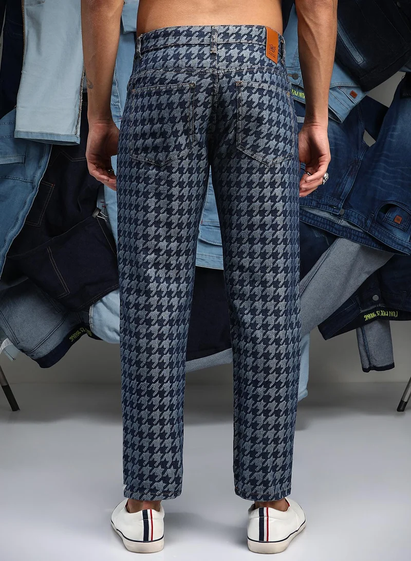 كامبوس سوترا Men's Navy Blue Houndstooth Denim Jeans