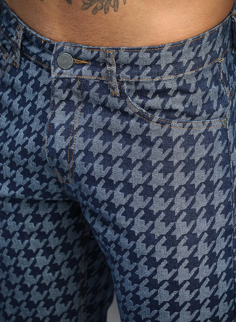 كامبوس سوترا Men's Navy Blue Houndstooth Denim Jeans