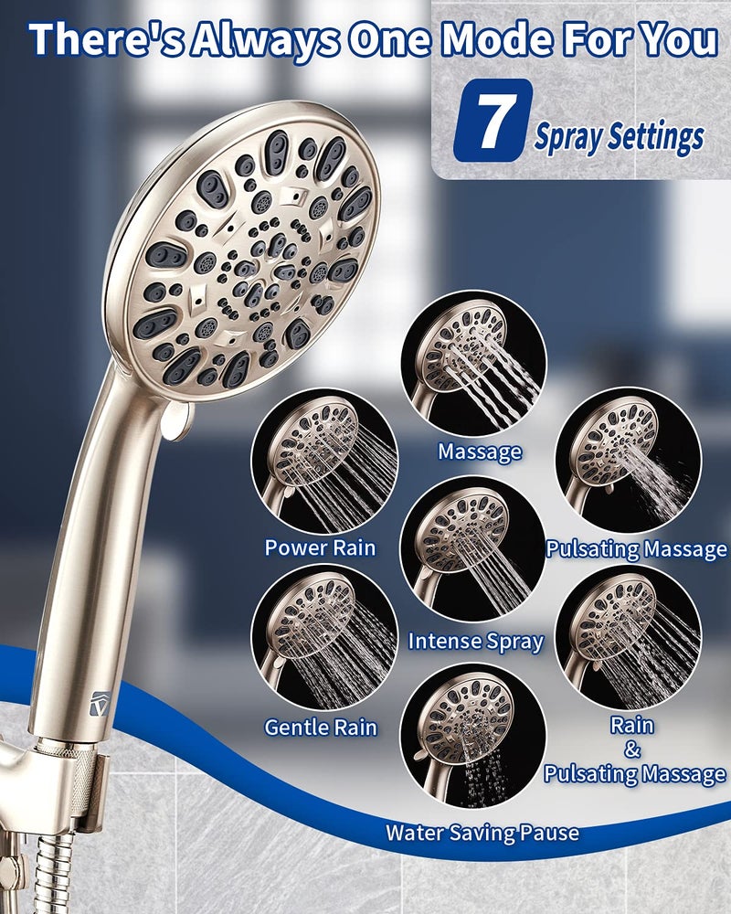 VMASSTONE High Pressure Handheld Shower Head VMASSTONE 7-Spray Setting Showerhead Kit with 59" Stainless Steel Hose and Adjustable Mount for Showering Enjoyment Even at Low Water Flow (HM-002 Brushed Nickel) - Image 2