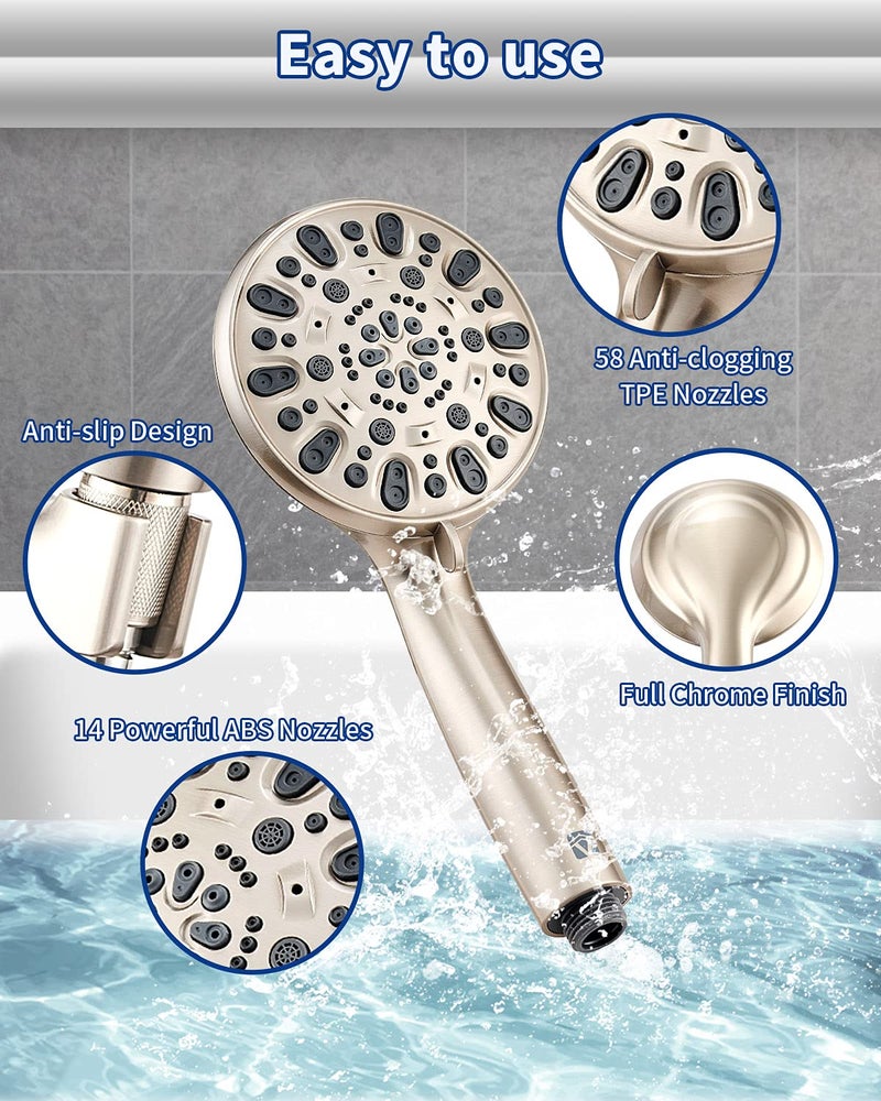 VMASSTONE High Pressure Handheld Shower Head VMASSTONE 7-Spray Setting Showerhead Kit with 59" Stainless Steel Hose and Adjustable Mount for Showering Enjoyment Even at Low Water Flow (HM-002 Brushed Nickel) - Image 4