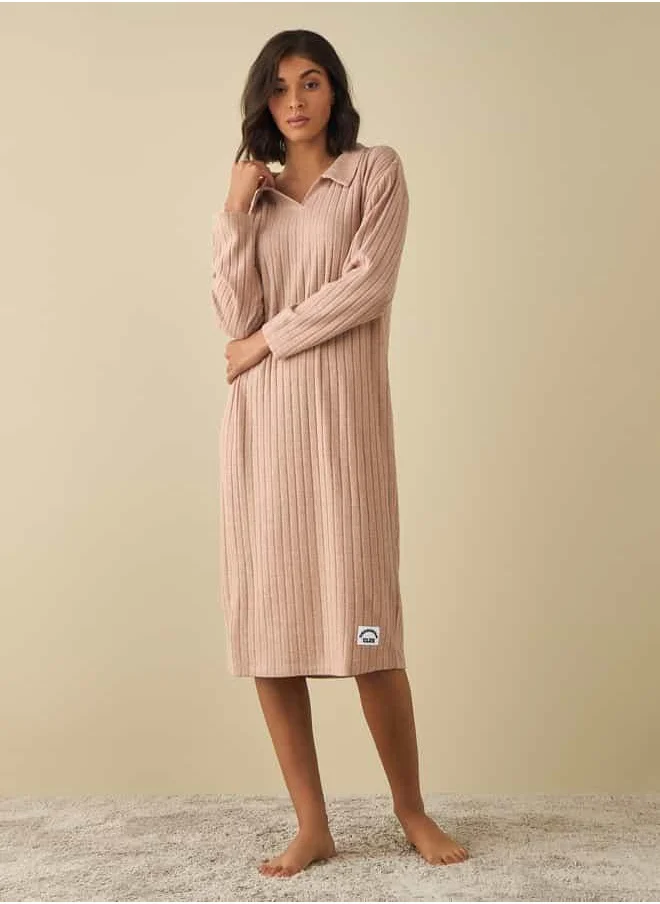 FAV Ribbed Collared Sleepshirt with Long Sleeves