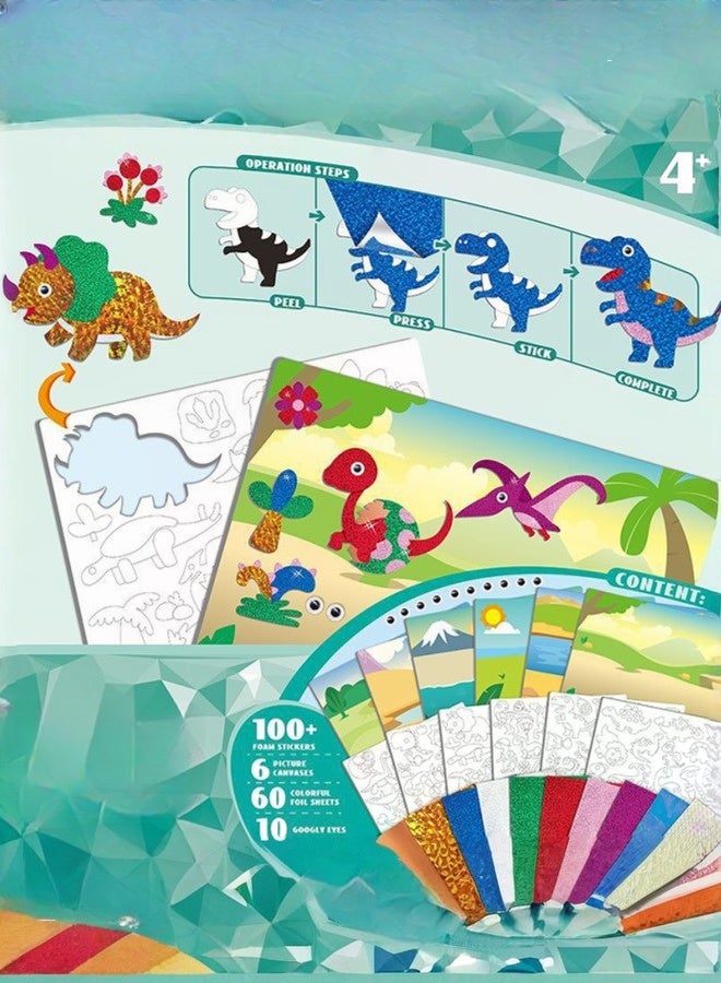 tangs Dinosaur DIY Foil Art Scrapbook Kit for Kids - 6 Canvases, 60+ Stickers, 60+ Color Foils, Gift Box, Creative Craft Activity for Children - Image 2