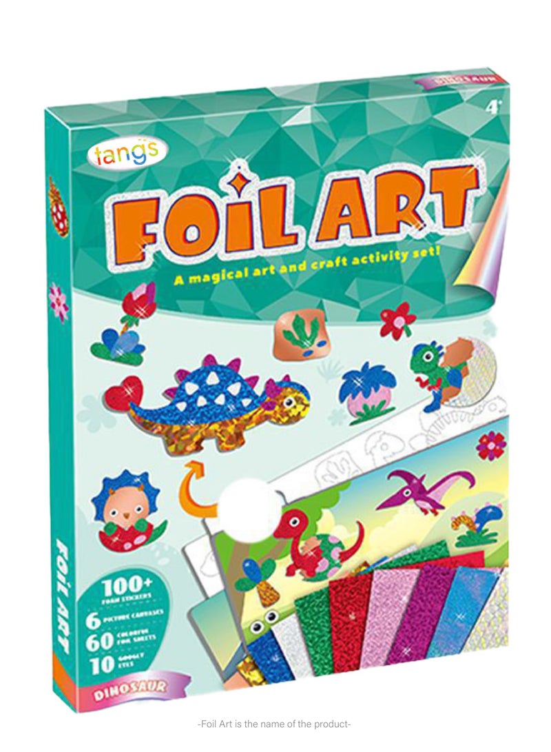 tangs Dinosaur DIY Foil Art Scrapbook Kit for Kids - 6 Canvases, 60+ Stickers, 60+ Color Foils, Gift Box, Creative Craft Activity for Children - Image 1