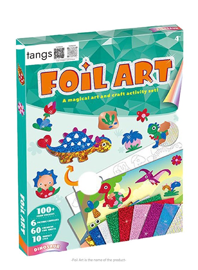 tangs Dinosaur DIY Foil Art Scrapbook Kit for Kids - 6 Canvases, 60+ Stickers, 60+ Color Foils, Gift Box, Creative Craft Activity for Children - Image 1
