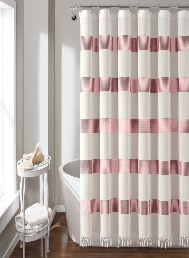 Lush Decor Tucker Stripe Yarn Dyed Cotton Knotted Tassel Shower Curtain, 72" x 72", White & Red - Image 1