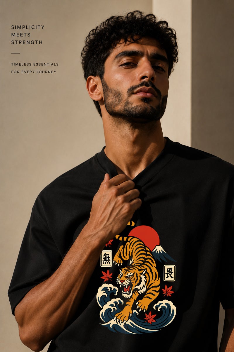 Men's Oversized Black Tiger Graphic T-Shirt Casual Short Sleeve Crew Neck Streetwear Tee - Image 5
