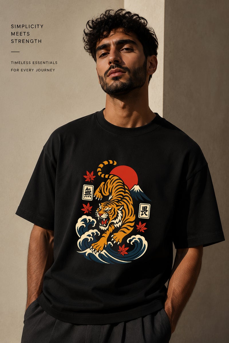 Men's Oversized Black Tiger Graphic T-Shirt Casual Short Sleeve Crew Neck Streetwear Tee - Image 1