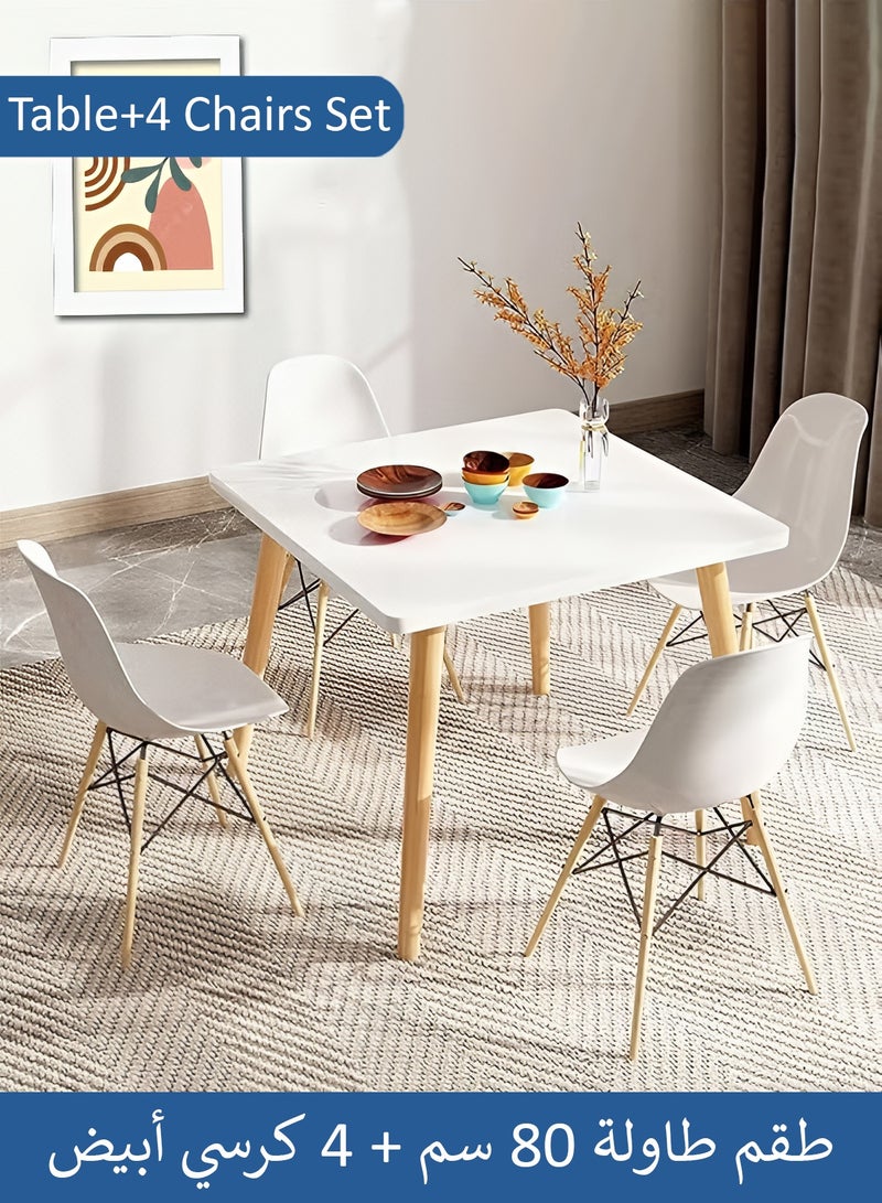 Taimi 5-Piece Dining Set,Modern Square Dining Table with 4 Elegant Chairs | Solid White Wood Table 80x80x73cm with 4 White Plastic Chairs and Wooden Legs - Image 1